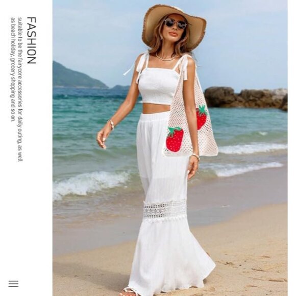 Crochet Tote Bag Strawberry Pattern Beach Bag Summer Shoulder Handbag - Picture 3 of 6